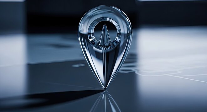 Shiny metal location pin icon on reflective surface with abstract background