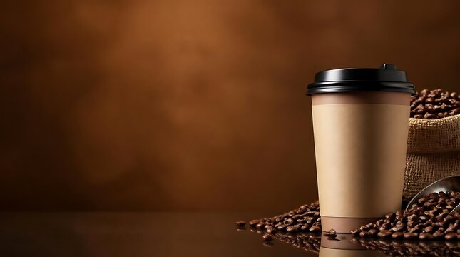 A disposable coffee cup sits on a table surrounded by coffee beans and a burlap sack in a cozy indoor setting.