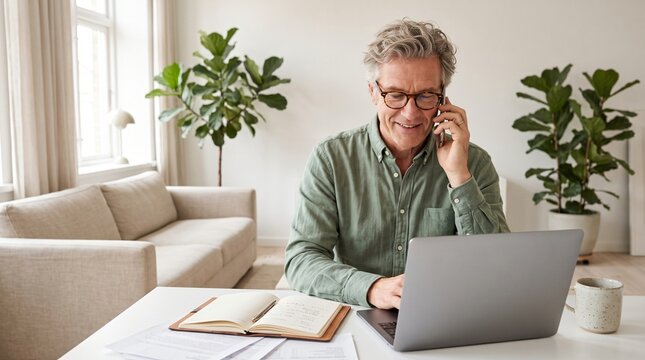Happy busy middle aged mature man senior entrepreneur talking on mobile phone looking at laptop using computer calling on cellphone working at home sitting at living room. table.