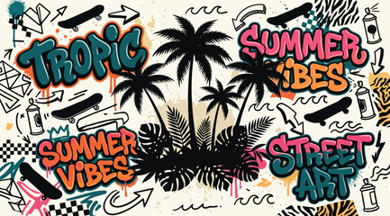Summer vibes street art graffiti background with palm trees and skateboards © Siam