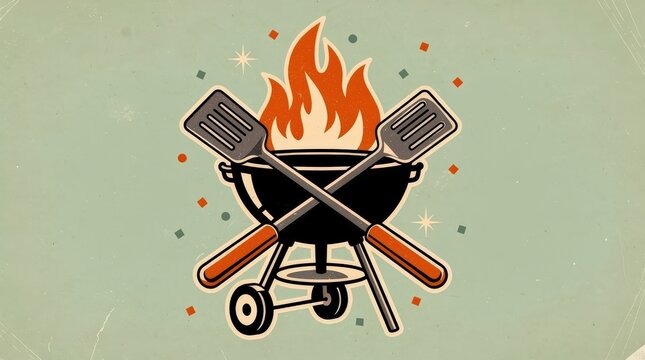 A stylized illustration of a barbecue grill with flames and two crossed spatulas behind it on a vintage textured background.