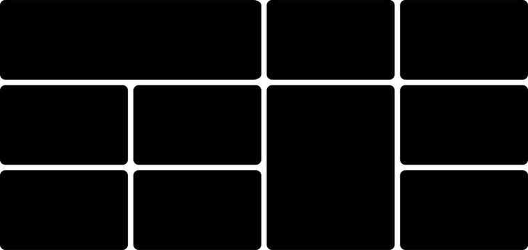 Modern Rounded Rectangle Dashboard Layout Template with Responsive UI Card Grid, Masonry Style Content Blocks, Widget Panels, Website Wireframe, App Interface, Portfolio Gallery