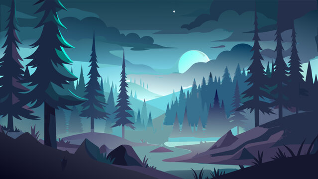 Forest landscape with moon in cool blue lighting with flat illustration style for nature backgrounds