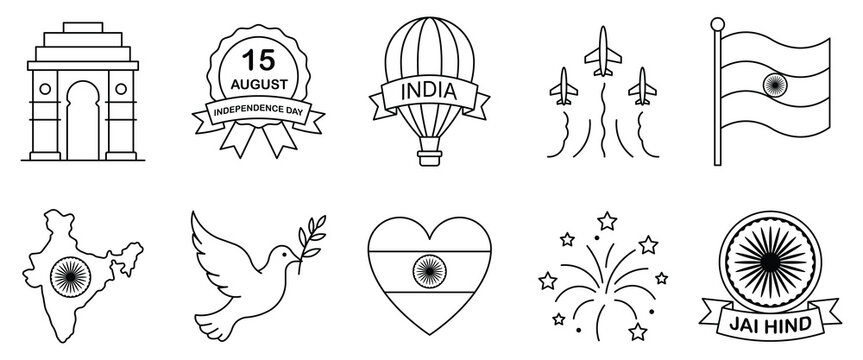 India independence day line icon set containing 15 august badge, india gate, flag, map, jet flypast, hot air balloon, dove, heart, fireworks, ashoka chakra vector illustration.