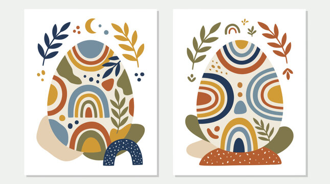 Abstract Easter egg prints with rainbow and floral motifs.