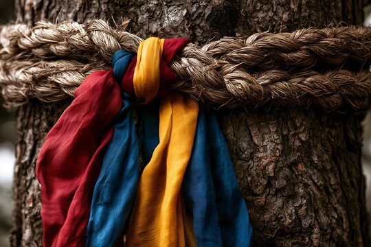 Traditional Korean straw rope with colorful silk fabrics on old tree