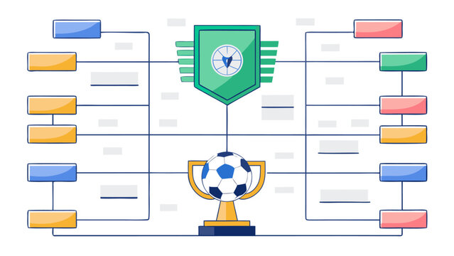 Soccer tournament bracket with trophy and shield in flat design with bright colors for sports event planning.
