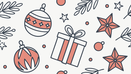 Fototapeta premium Christmas ornaments and gift box coral and gray vector illustration