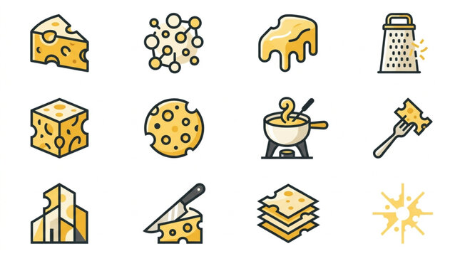 Collection of cheese icons and illustrations representing various forms and uses of cheese.
