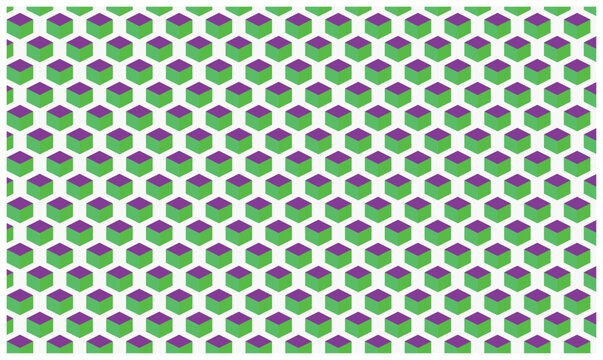 Isometric cube pattern with purple and green geometric hex shapes on white.