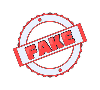 Fake stamp seal internet reaction illustration. Counterfeit circular badge. False label. Cancel culture. Staged content. Debunked disinformation. Gen z word overlay. Cartoon 2D vector graphic isolated
