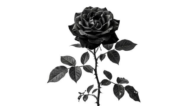 Black rose flower with stem and leaves, dark gothic floral bloom, elegant mourning rose for funeral or memorial design, dramatic botanical silhouette isolated PNG with Transparent Background