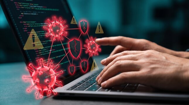 Cybersecurity Breach Concept with Digital Viruses and Broken Security Shields on a Laptop Keyboard