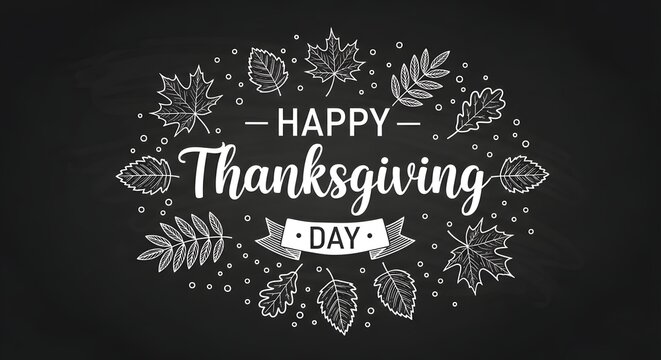 Happy Thanksgiving Hand drawn white chalk outline of autumn leaves and festive text on black chalkboard background for seasonal menu design