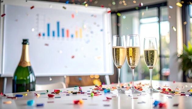 Celebratory Office Scene - Champagne, Confetti, and Business Success.
