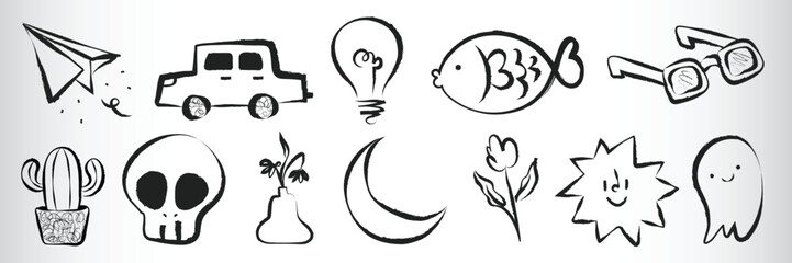 Vector doodles: paper plane, car, light bulb, fish, glasses, cactus, skull, moon. © Rawpixel.com