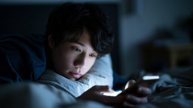 暗闇の中スマホの画面だけが照らす男性の横顔 ｜ 青いネオン光
