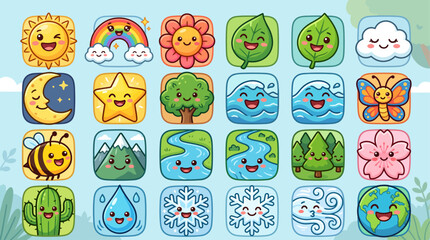 Obraz premium Kawaii nature icons set, cute cartoon weather and environment characters, 24 colorful vector stickers for kids mobile apps and educational games