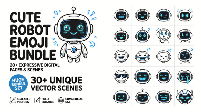 Cute robot emoji bundle, 30 plus unique vector scenes with expressive digital faces, friendly white android character set for chatbot and app design
