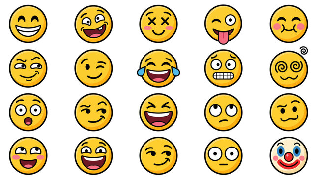 Yellow emoji icon set, 20 vector emoticons with various facial expressions, funny cartoon smiley faces for social media and messaging apps