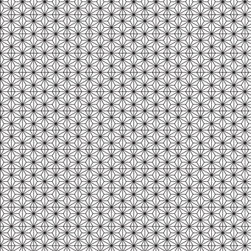 Seamless traditional Japanese Asanoha hemp leaf pattern featuring black geometric lines on a white background. Factual repeating grid of intersecting triangles and hexagons.