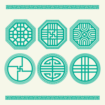 Set of six teal decorative geometric emblems with octagonal and circular shapes, traditional Asian fretwork borders, manji motifs, and abstract lattice patterns in vector format.