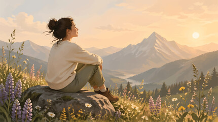 Young Woman Meditating on Rocky Peak Overlooking Mountain Valley at Sunrise, Serene Nature Landscape for Wellness and Travel Concepts © berkot ravot