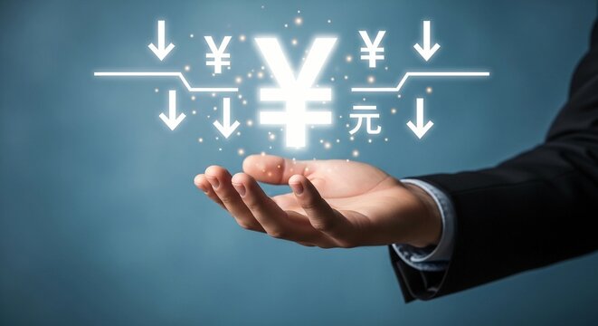 Professional businessman holding a glowing digital yen currency symbol with downward arrows representing economic devaluation and financial market decline against a dark moody blue background