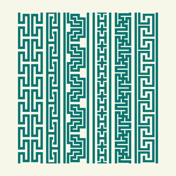 Collection of Teal Green Greek Key and Meander Vertical Border Patterns, Decorative Geometric Ancient Fret Graphic Design Elements for Web and Print Ornamentation