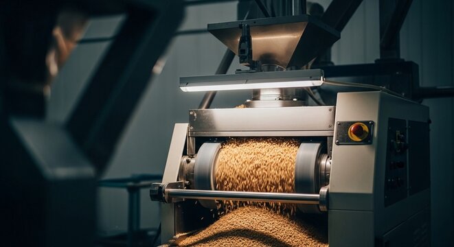 Modern industrial rice milling machine processing golden grains in a production facility