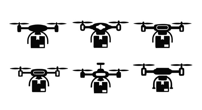 Vector illustration of set of delivery drones carrying packages on a transparent background