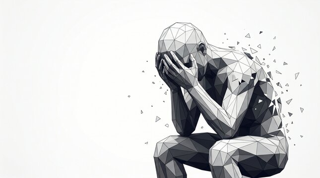 Depressed person sitting with head in hands abstract low poly digital art for mental health awareness depression unhappiness loneliness geometric illustration struggle melancholy