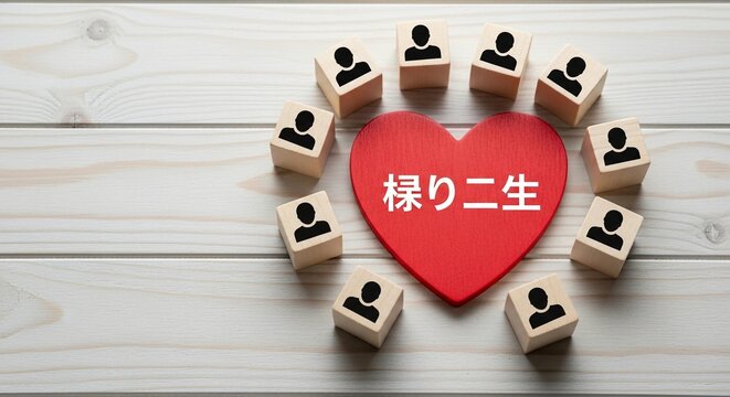 Wooden blocks featuring human silhouettes arranged in a circular formation around a vibrant red heart shape on a light rustic wooden surface for conceptual business photography