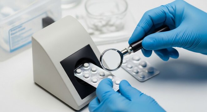 Pharmaceutical quality control: technician inspecting blister packs of pills with a magnifying glass and inspection machine