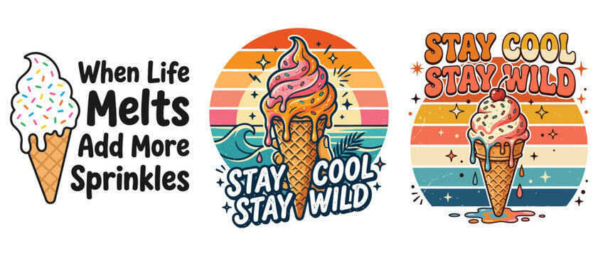 Set of three retro ice cream cone illustrations with funny quotes about summer and staying cool