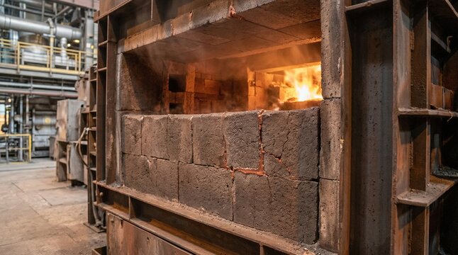 Medium shot of installed furnace walls featuring innovative selfhealing refractory linings restoring integrity during industrial operation.