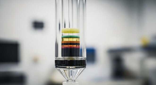 Scientific Chromatography Column Demonstrating Layered Substance Separation in a Laboratory Setting