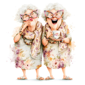 Two joyful elderly lady best friends standing side by side, laughing and making silly expressions, one winking with puckered lips.