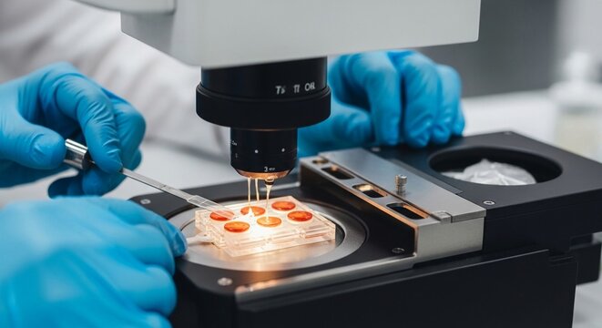 Scientist in Blue Gloves Uses Microscope to Analyze Cell Cultures on a Lab Plate