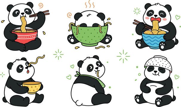 Cute panda cartoon character set eating ramen noodles from bowls with chopsticks sleeping in food and wearing bowl as hat vector sticker sheet