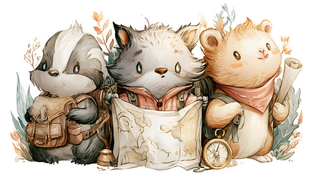 Three quirky animal friends wearing tiny backpacks exploring with a hand-drawn map and compass, watercolor illustration, playful expressions.
