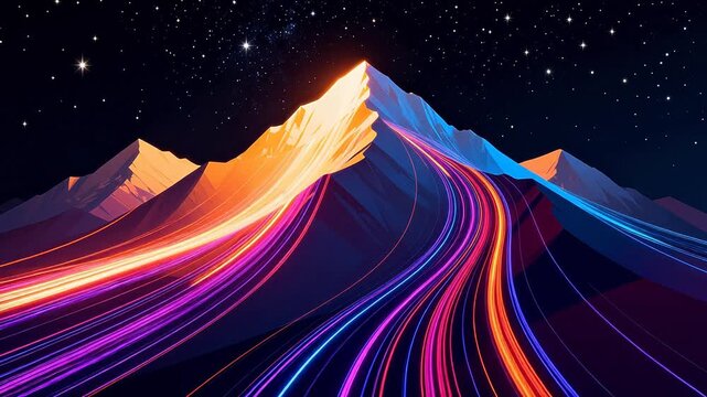 Colorful light trails on mountain peaks