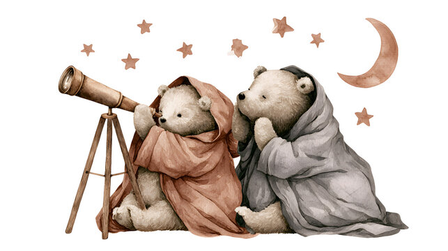 Two sleepy bears wrapped in cozy blankets looking through a tiny telescope, watercolor stars and crescent moon as separate floating elements.
