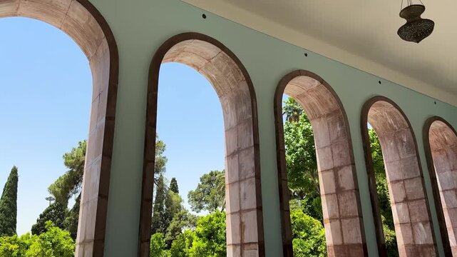 Persian architecture design and landscape garden in Iran Shiraz hall of cypress tree traditional historic heritage with courtyard symmetry geometry ornament tilework reflection water cultural outdoor