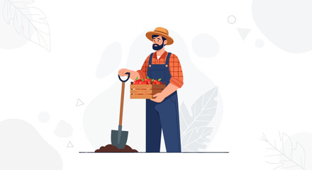 Fototapeta premium Farmer with harvest of tomatoes in wooden crate and shovel, flat design vector illustration