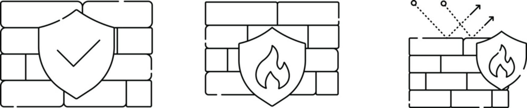 Firewall Protection Icons Set Vector Illustration, Fire Resistant Wall, Fire Safety and Building Protection Line Art Collection