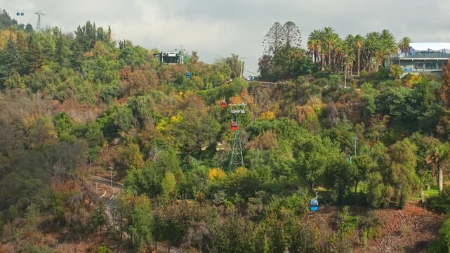 Aerial panoramic dolly out shot of the Santiago cable car with several gondolas traveling up San Cristobal Hill, Chile