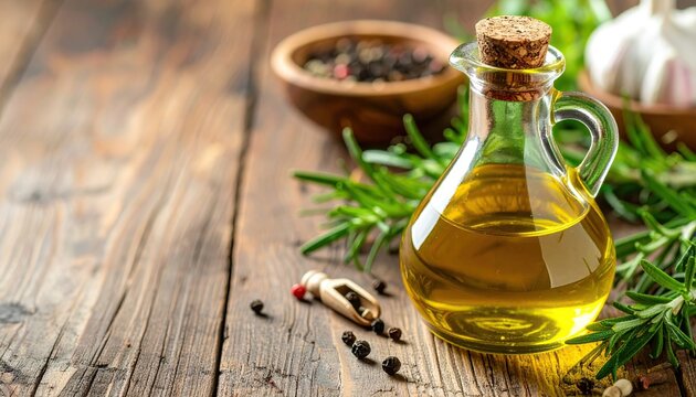 Aromatic culinary oil with herbs and spices on a rustic wood surface