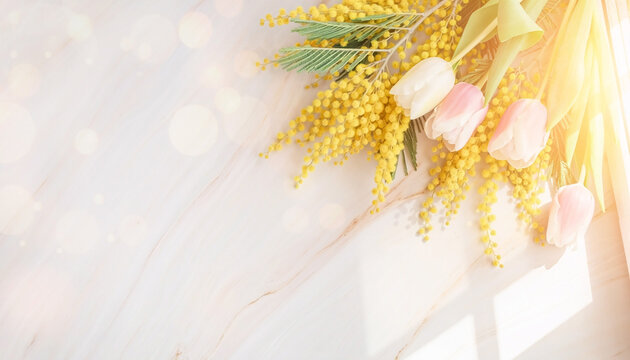 Spring Flowers on Marble Background - Tulip and Mimosa Flat Lay with Sunlight and Shadow