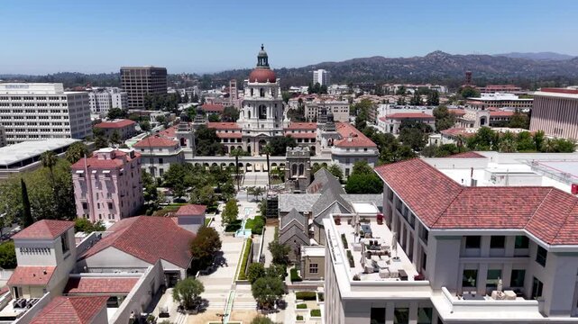 aerial low shot pushing into city hall in pasadena california
